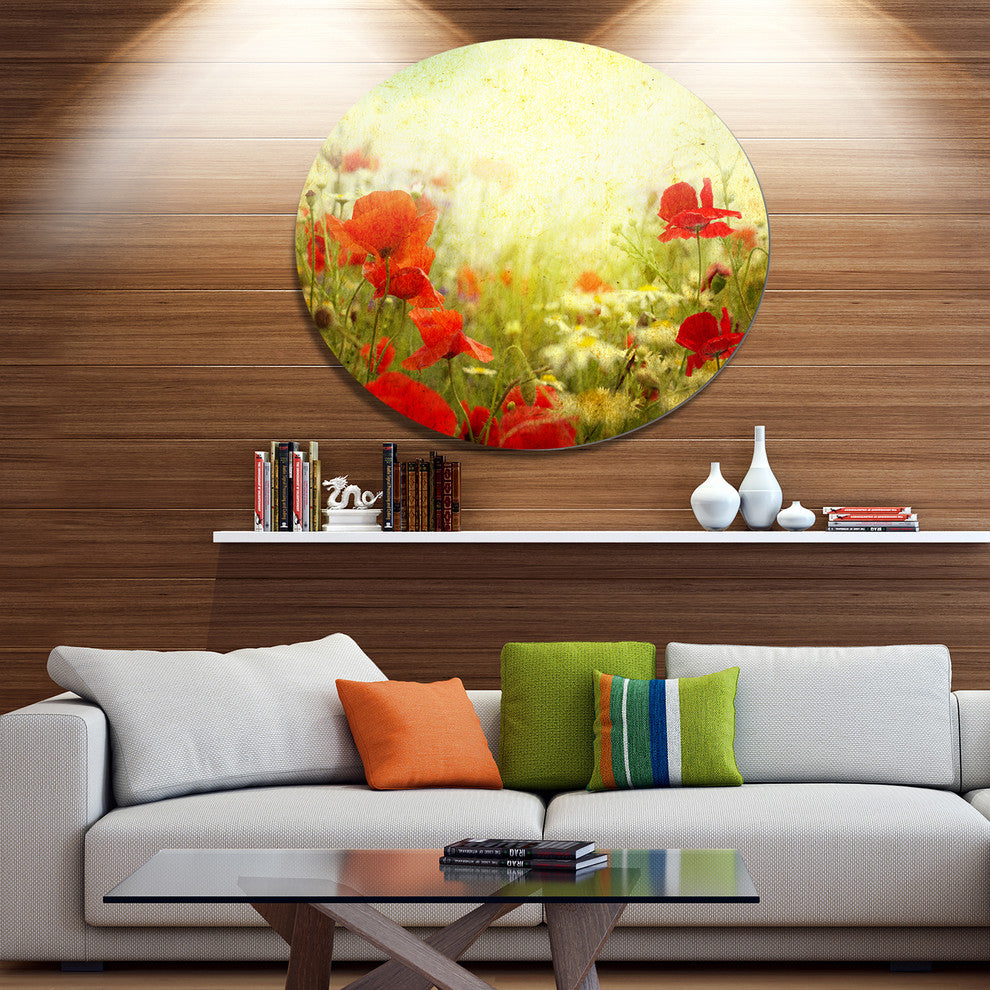 Grunge Background With Red Poppies, Floral Disc Metal Artwork, 11"