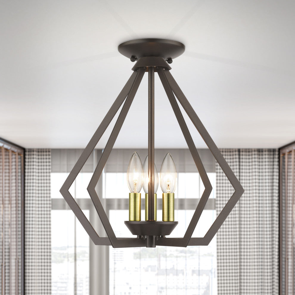 Prism 3-Light English Bronze Semi-Flush/Small Pendant, Antique Brass Accents