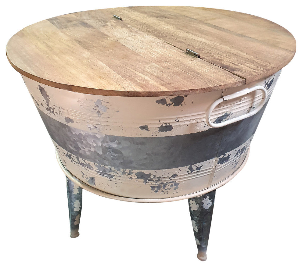 26" Accent Round Cocktail Table Tub Like Iron Base Brown Gray Washed White