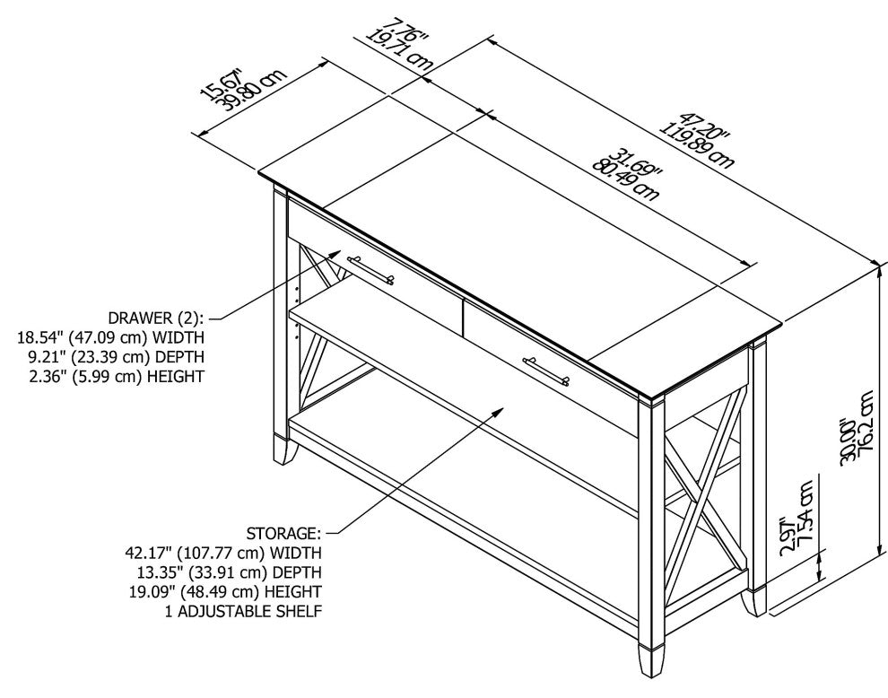 Key West Console Table With Drawers and Shelves, Washed Gray
