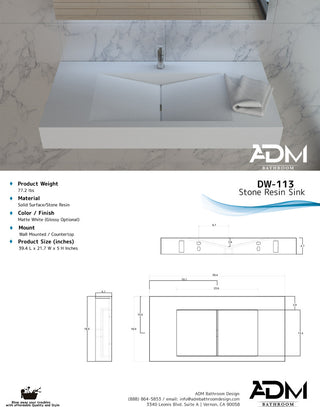 ADM Rectangular Ramped Wall Mounted Sink, White, 39", Matte White
