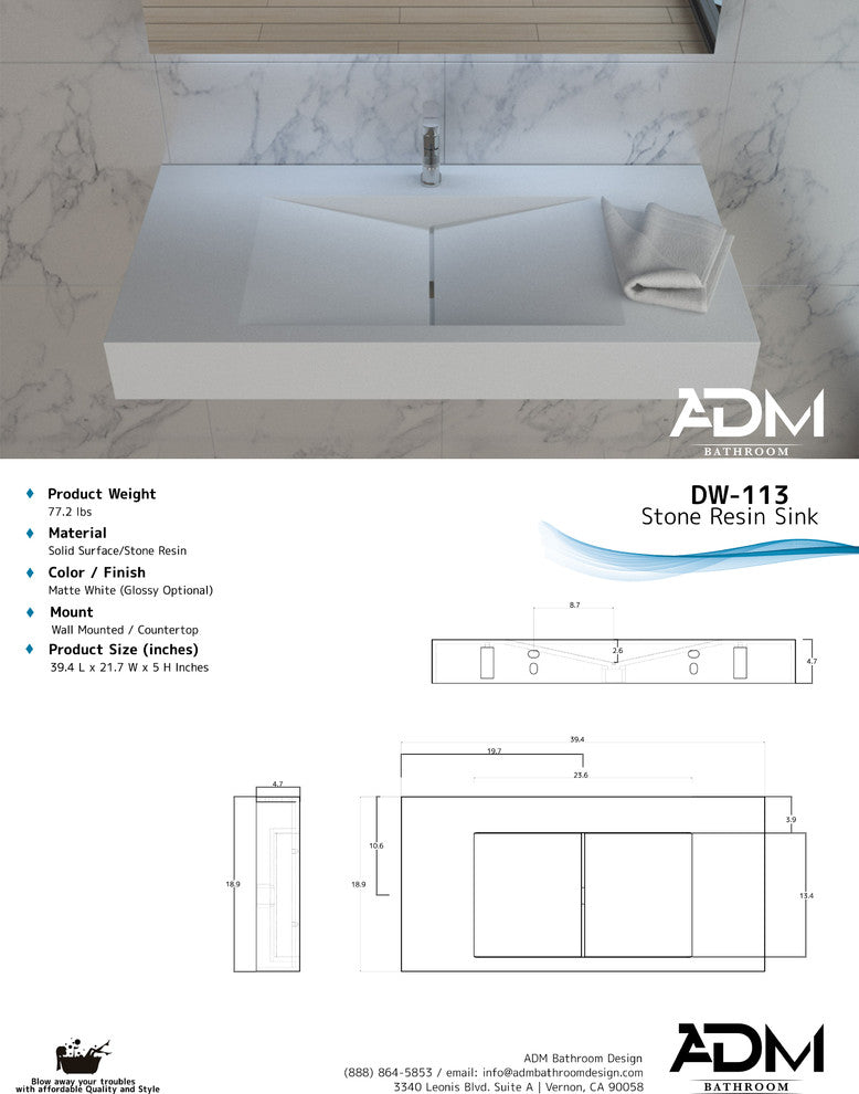 ADM Rectangular Ramped Wall Mounted Sink, White, 39", Matte White