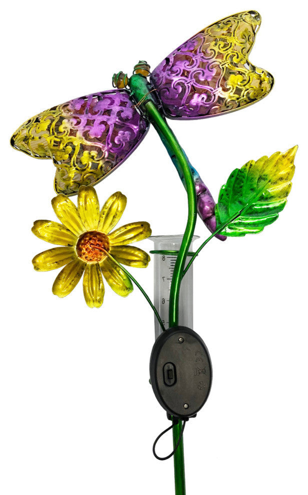 Solar Lighted Glass Dragonfly Outdoor Garden Stake With Rain Gauge