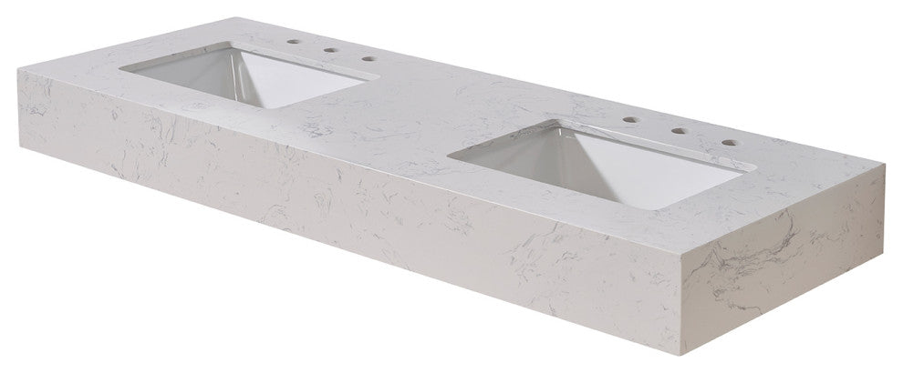 Merano Engineered Stone Vanity Top, Aosta White Apron With White Sink, 60"