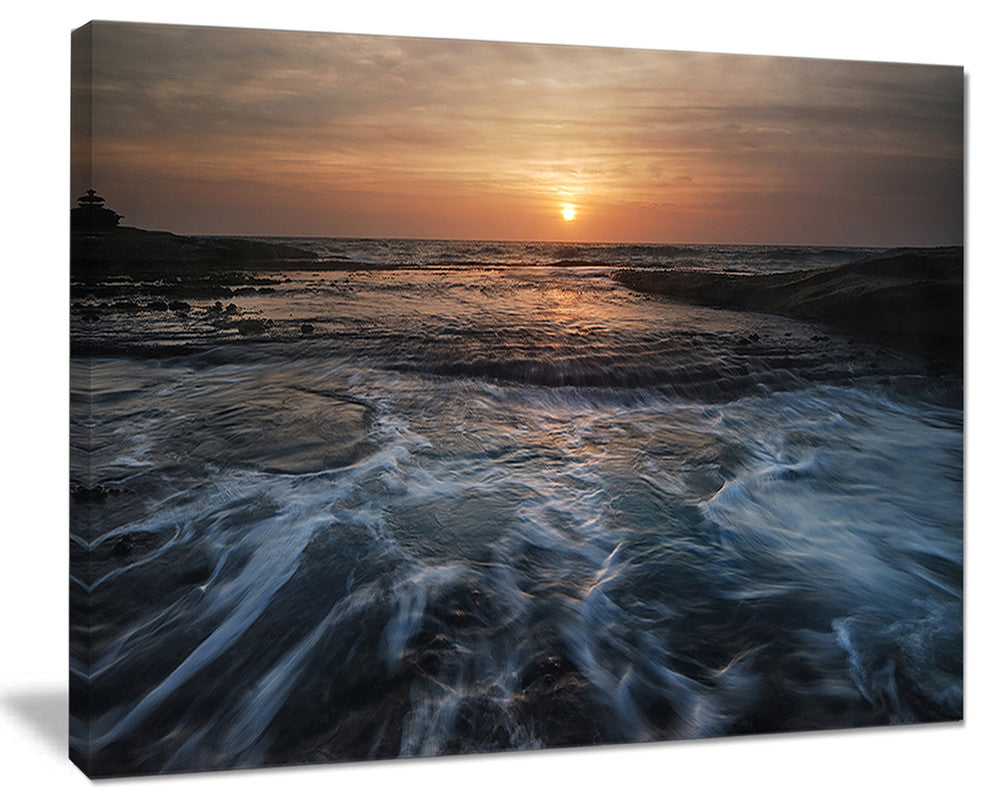 "Dark Seashore With Rushing Waves" Modern Beach Canvas Art Print, 40"x30"