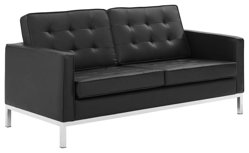 Loft Tufted Upholstered Faux Leather Sofa and Loveseat Set Silver Black
