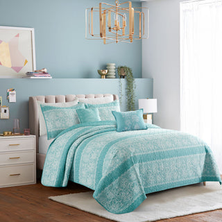 Emma Quilt 5 Piece Sets, Teal, King 102" X 90"