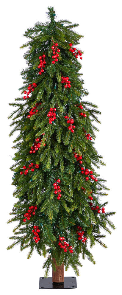 4' Victoria Fir Faux Xmas Tree W/ Lights, Berries & Bendable Branches