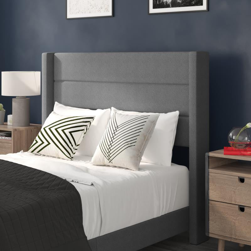 Hollis Upholstered Platform Bed with Wingback Headboard w/Mattress Foundation, Gray, Full