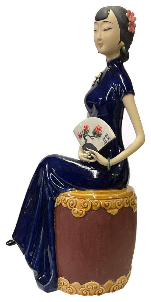 Chinese Oriental Ceramic Cheongsam Blue Qipao Dressing Lady Figure Hws3100