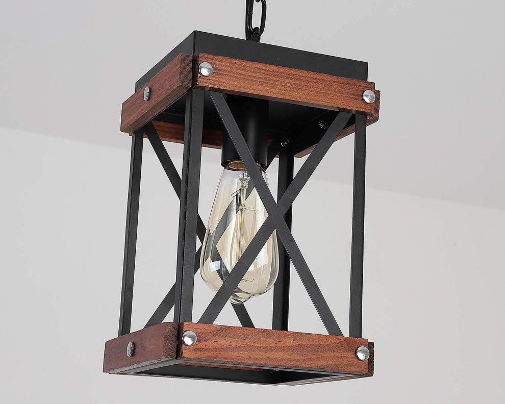 Farmhouse Square Wood Pendant Lighting for Kitchen Island Black Cage