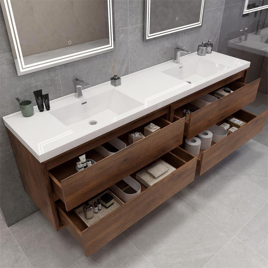 MOM 84 Wall Mounted Vanity With 4 Drawers and Acrylic Double Sink, Rose Wood