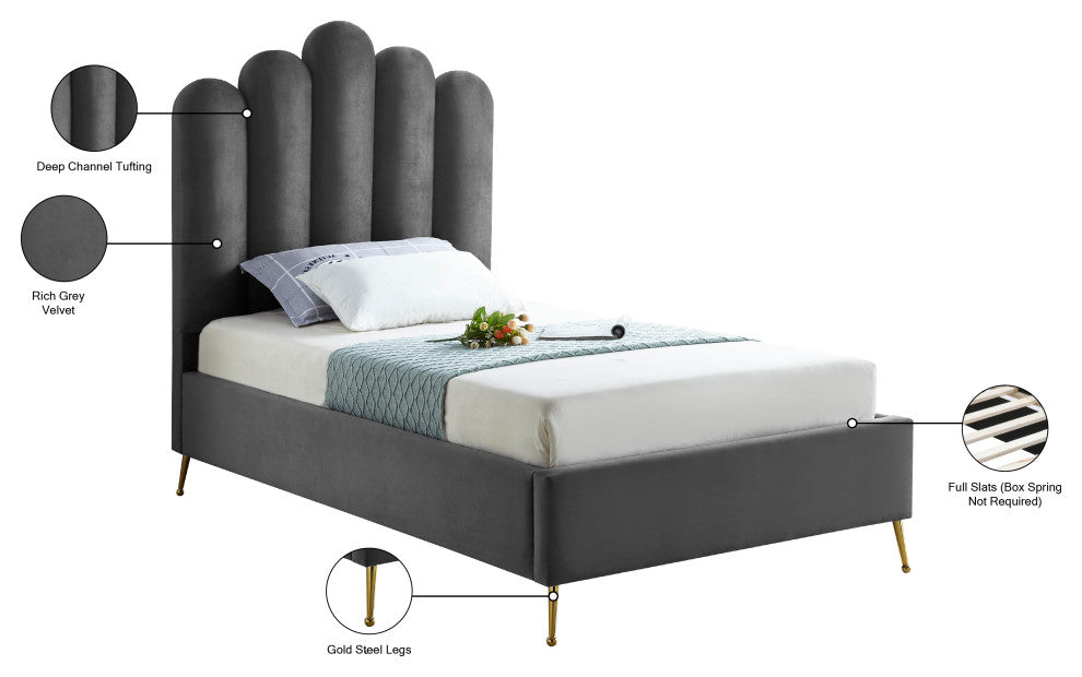 Lily Velvet Bed, Gray, Twin