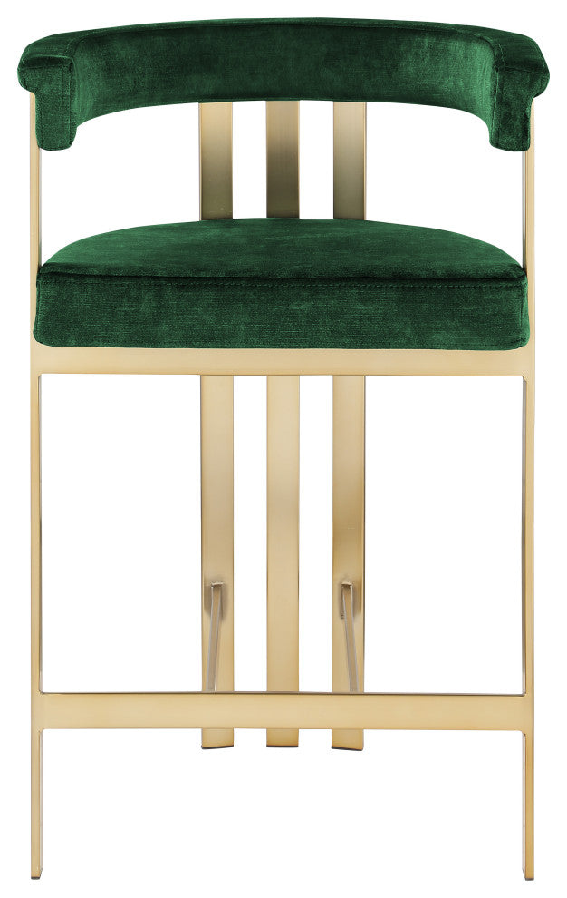 Marcello Upholstered Counter Stool, Green, Velvet, Brushed Brass