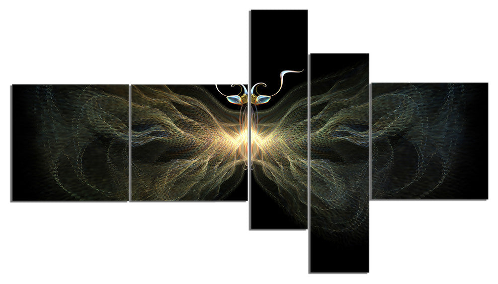 Yellow Fractal Butterfly in Dark, Abstract Print On Canvas, 60"x32", 5 panels