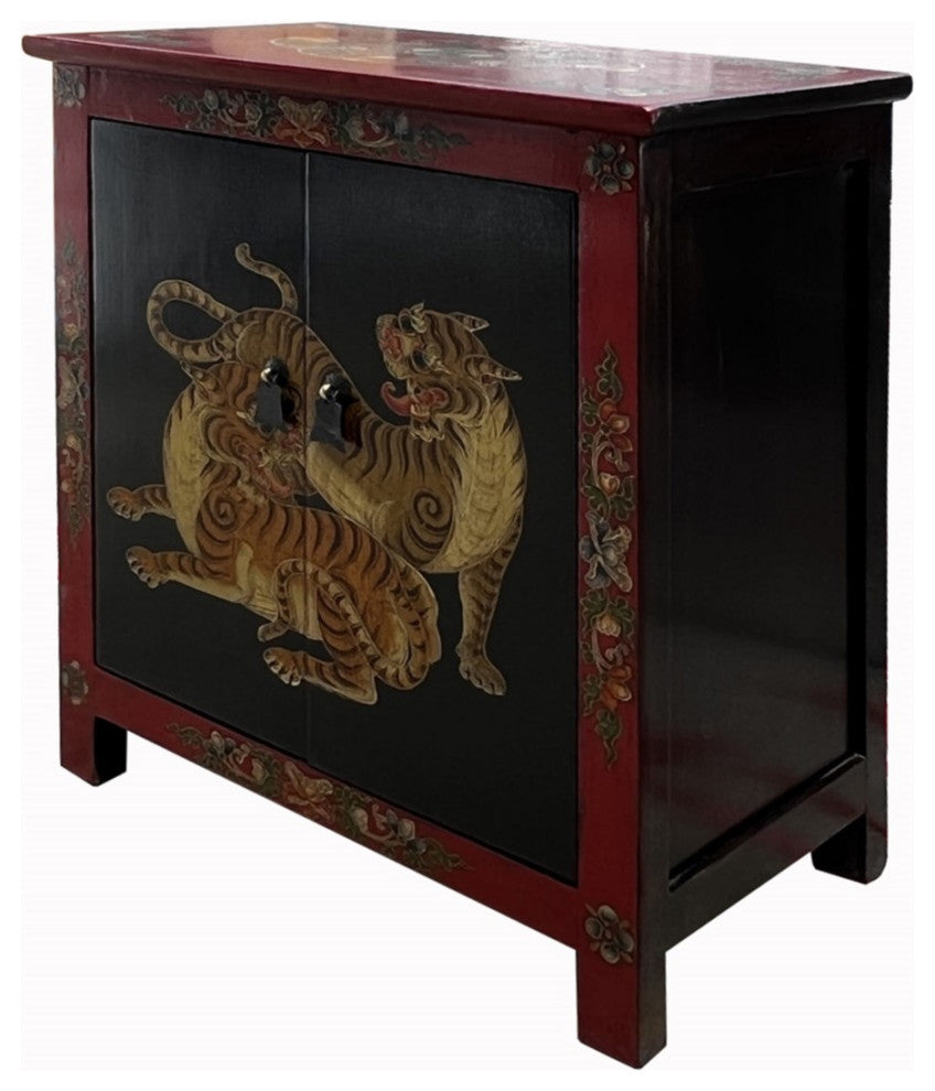 Tibetan Oriental Black Red Double Tigers End Table Nightstand Hcs7589