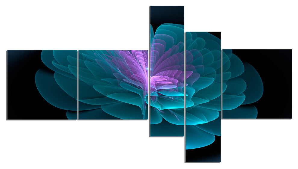 Abstract Blue Floral Fractal Background, Floral Wall Art, 60"x32", 5 panels