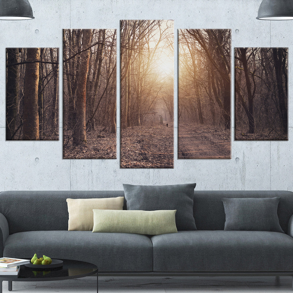 Forest Pathway View at Sunset, Modern Forest Canvas Art, 60"x32", 5 Panels
