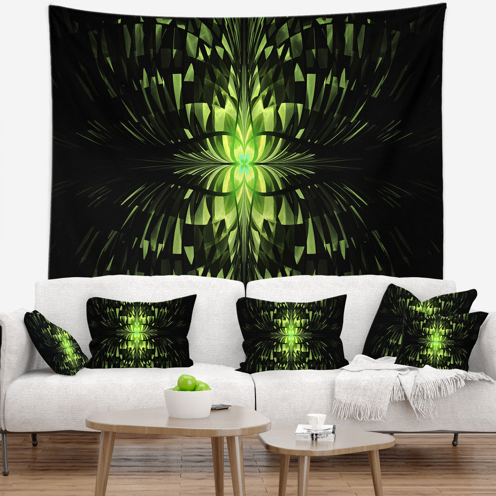 Green Butterfly Pattern on Black Abstract Wall Tapestry, 39"x32"