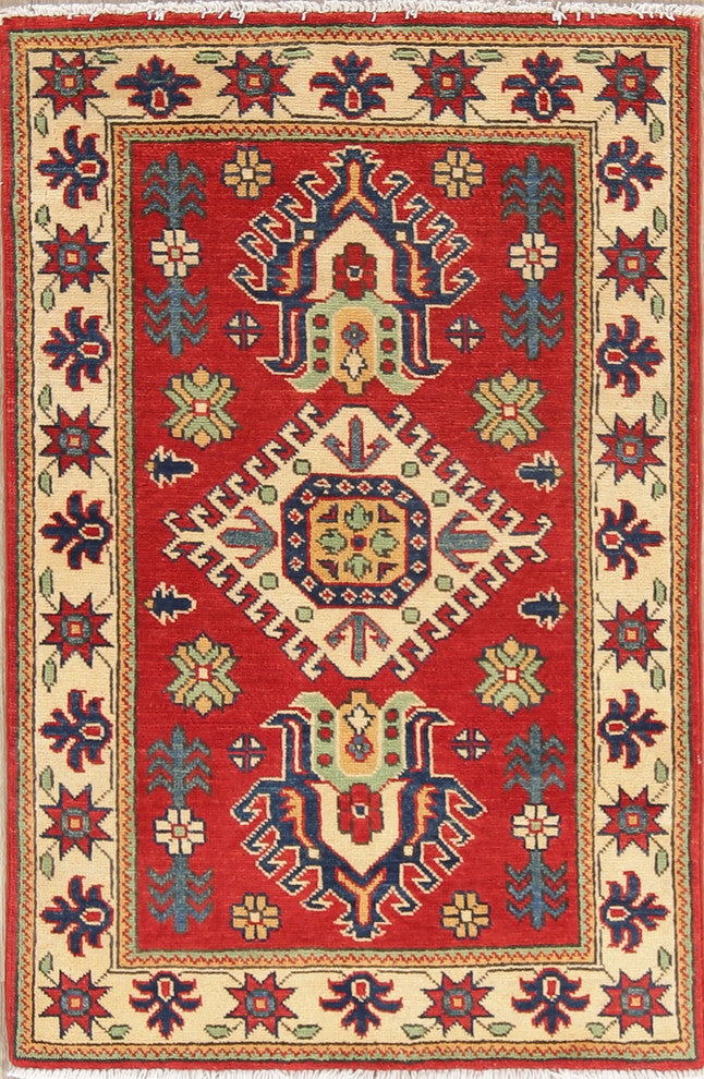 Kazak Traditional Wool Handmade Pakistani Oriental Area Rug, Red, 4'0"X2'8"