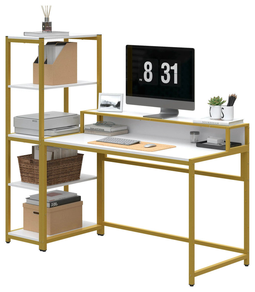Multifunctional Desk, Golden Metal Frame & Spacious Top With Raised Shelf, White