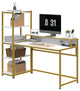 Multifunctional Desk, Golden Metal Frame & Spacious Top With Raised Shelf, White