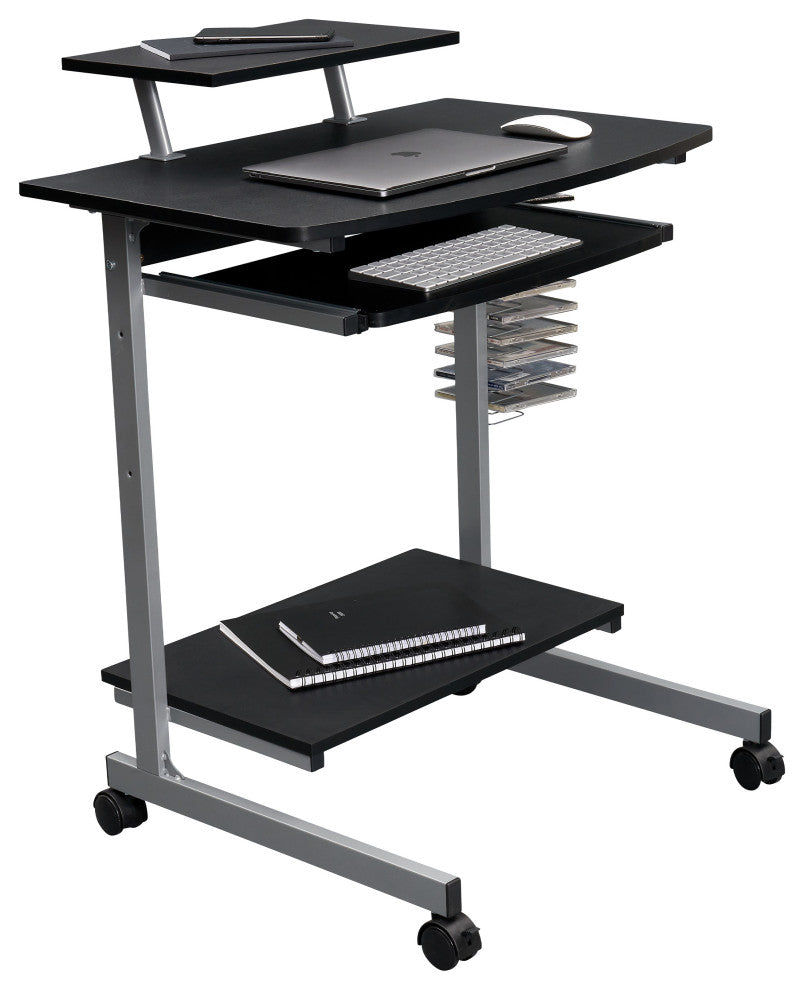 Techni Mobili Wood & Steel Compact Computer Cart with Storage in Graphite Gray