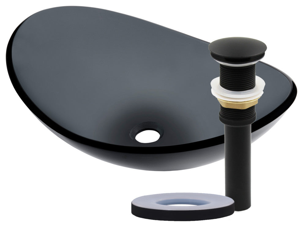 Bigio Clear Slate Grey Oval Slipper Tempered Glass Vessel Sink with Drain, Matte Black