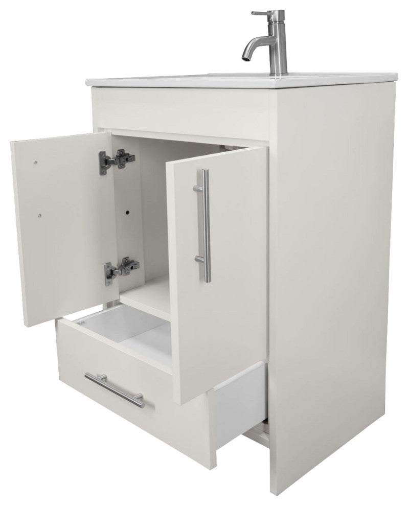 Pacific 24 Bathroom Vanity With Ceramic Top and Brushed Nickel Handles, White