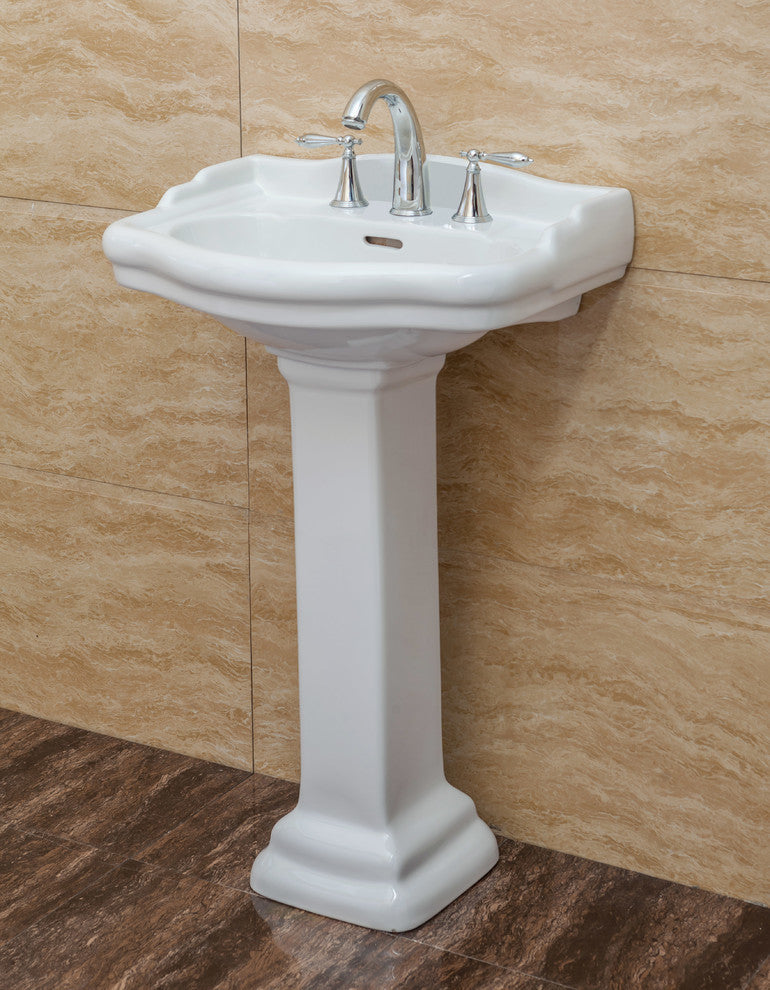 Roosevelt Pedestal Sink Only, White, 8" Faucet Spread, 22" Sink