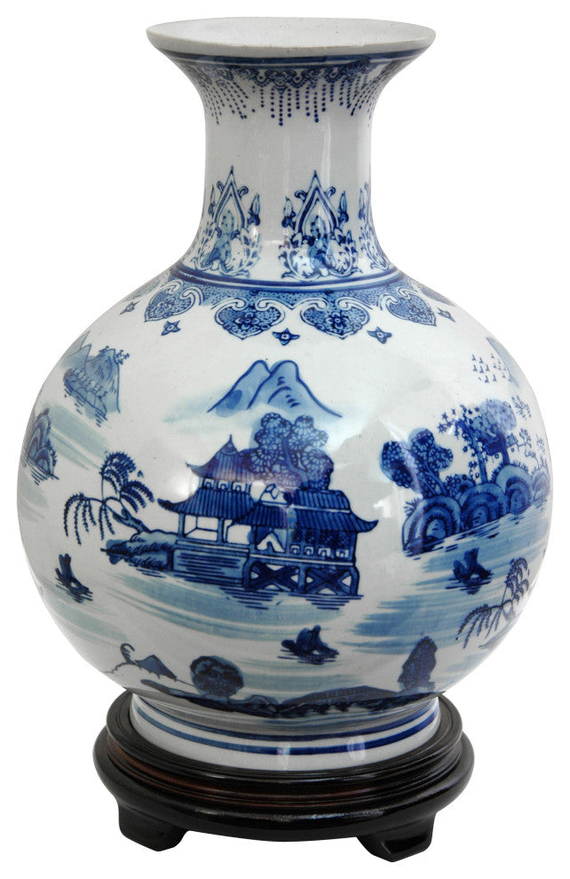 12" Landscape Blue and White Porcelain Vase