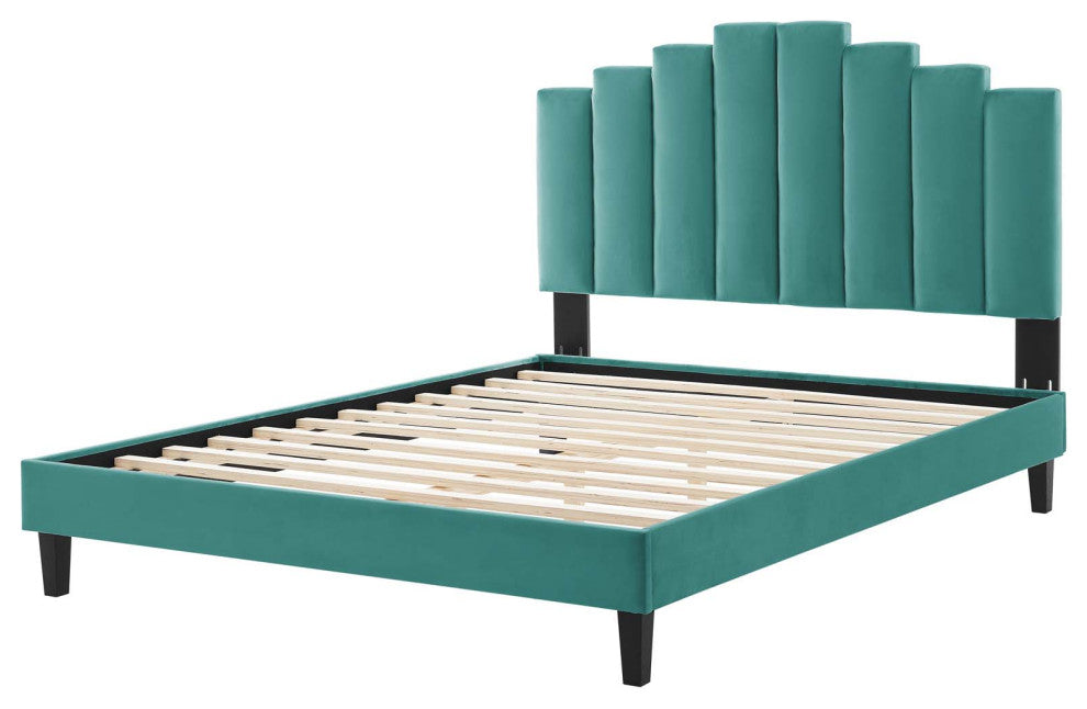 Platform Bed Frame, Queen Size, Velvet, Teal Blue, Modern Contemporary, Bedroom