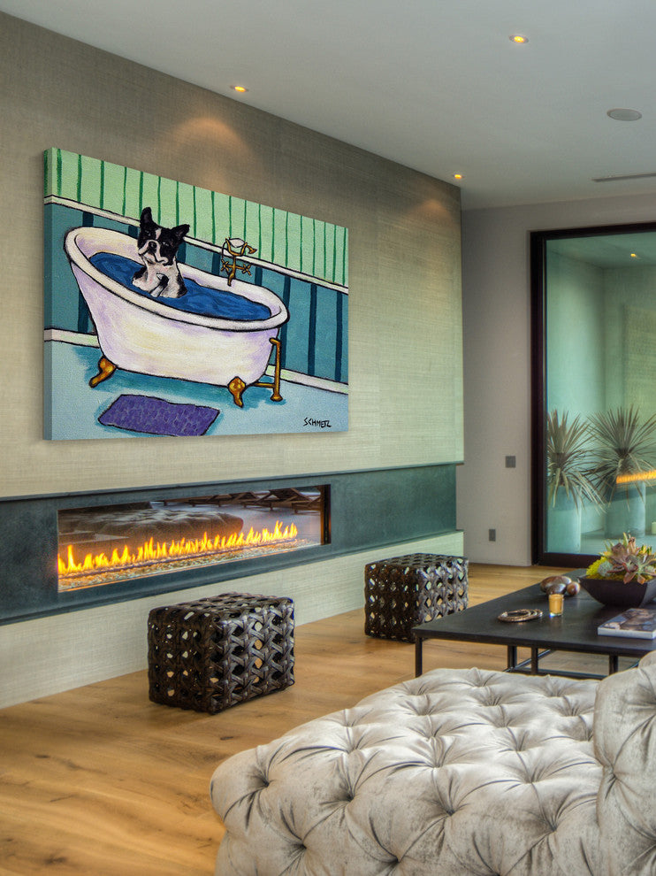 "Boston Terrier Bath" Painting Print on Wrapped Canvas, 36"x24"