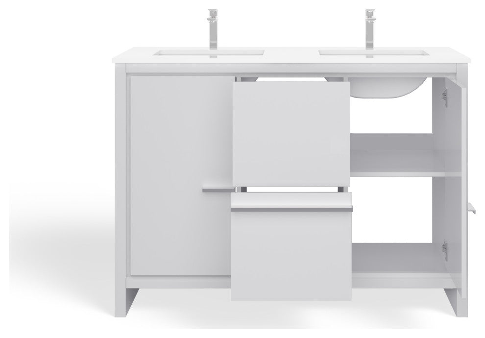 Esconde Bath Vanity, High Gloss White, 48", Double Sink, Freestanding