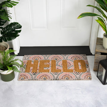 Brown and Pink "Hello" Floral Coir Outdoor Doormat 18" x 30"