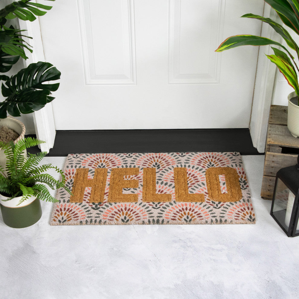 Brown and Pink "Hello" Floral Coir Outdoor Doormat 18" x 30"