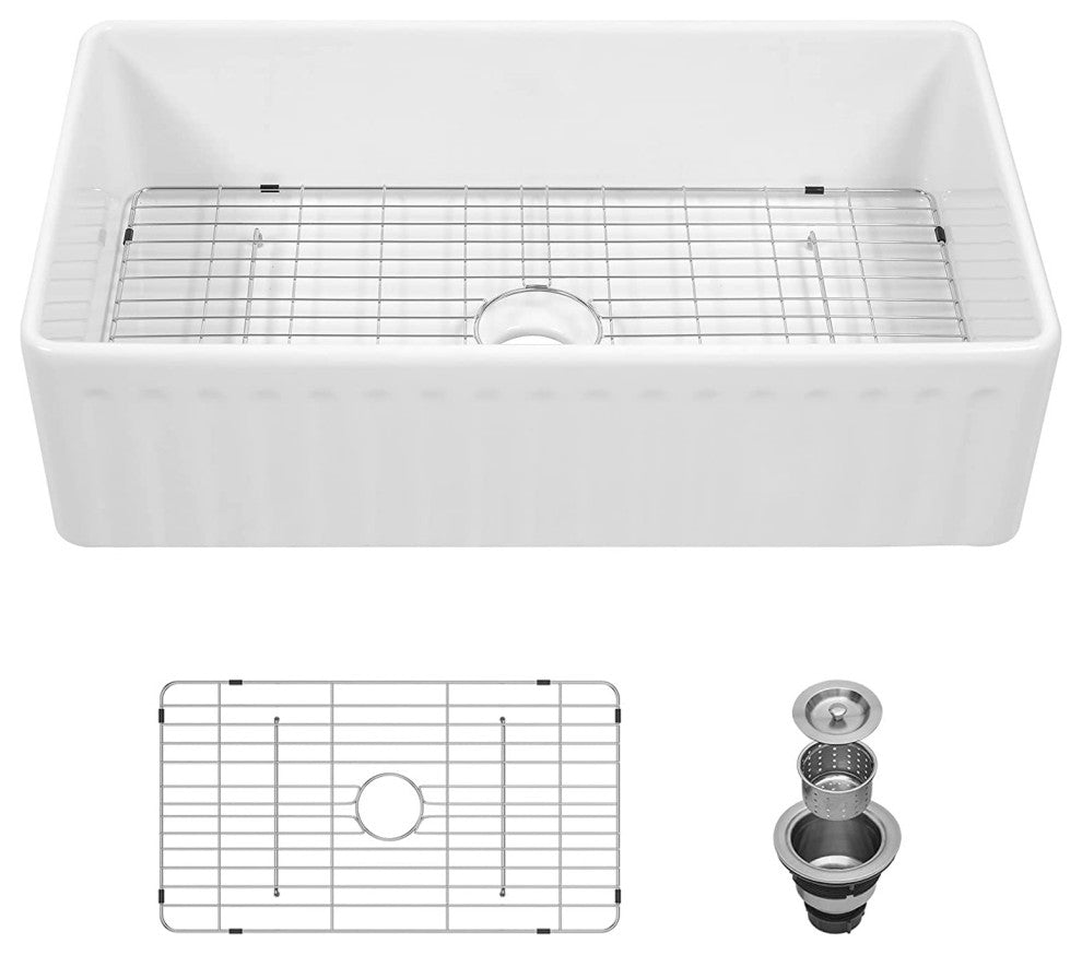 36" L X 20" W Farmhouse Kitchen Sink With Grid and Strainer