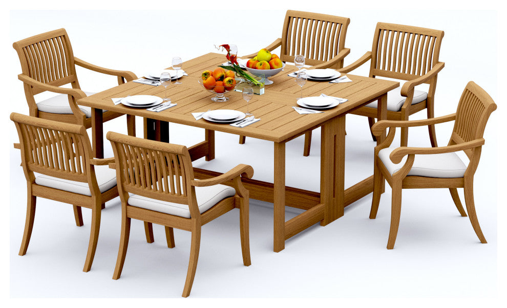 7-Piece Outdoor Teak Set: 60" Square Butterfly Table, 6 Arbor Stacking Arm Chair