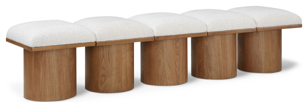 Pavilion Boucle Fabric Upholstered 5-Piece Modular Bench, Cream, Walnut Finish