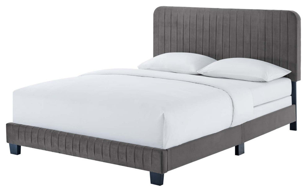 Tufted Platform Bed Frame, Full Size, Velvet, Grey Gray, Modern Contemporary