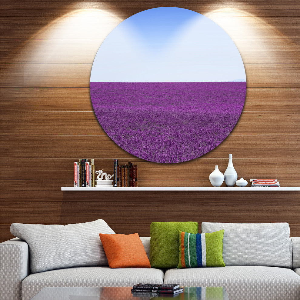 Lavender Flowers With Blue Horizon, Landscape Disc Metal Artwork, 11"