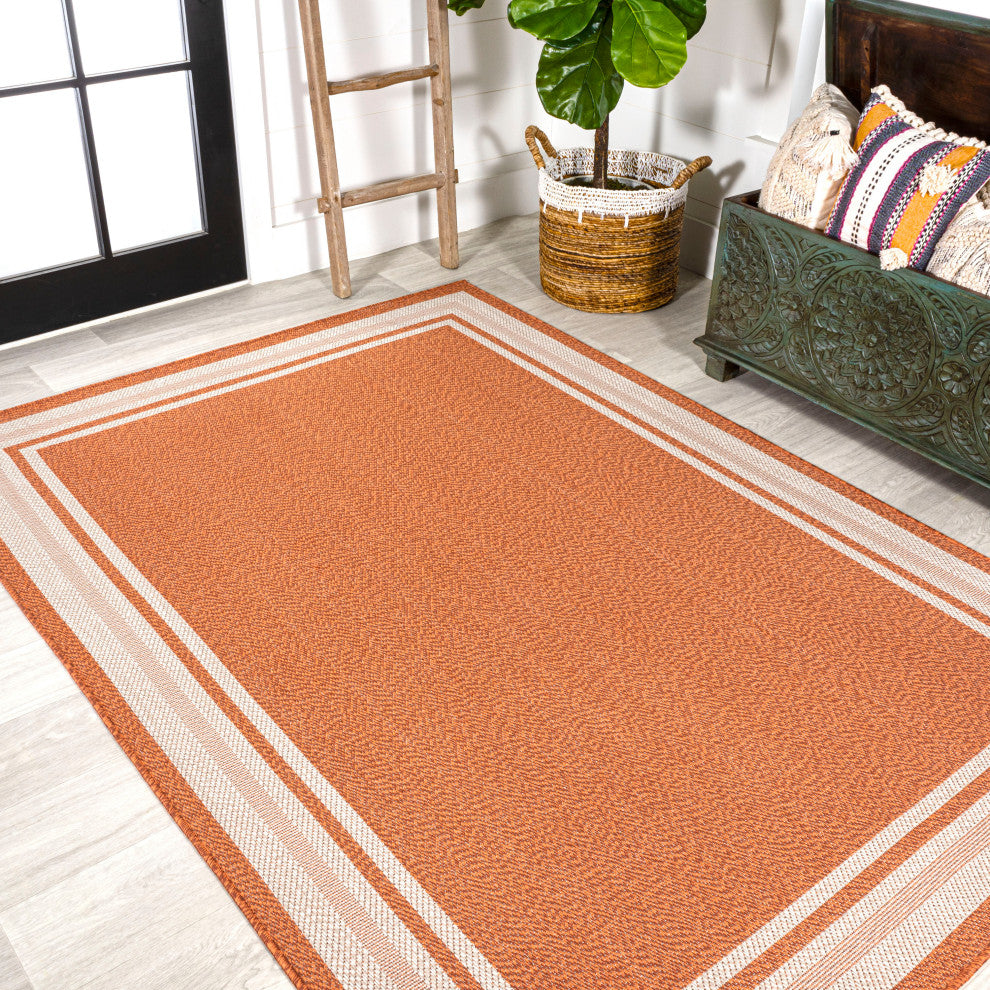 James Modern Border Stripe Indoor/Outdoor Area Rug, Orange/Cream, 8x10