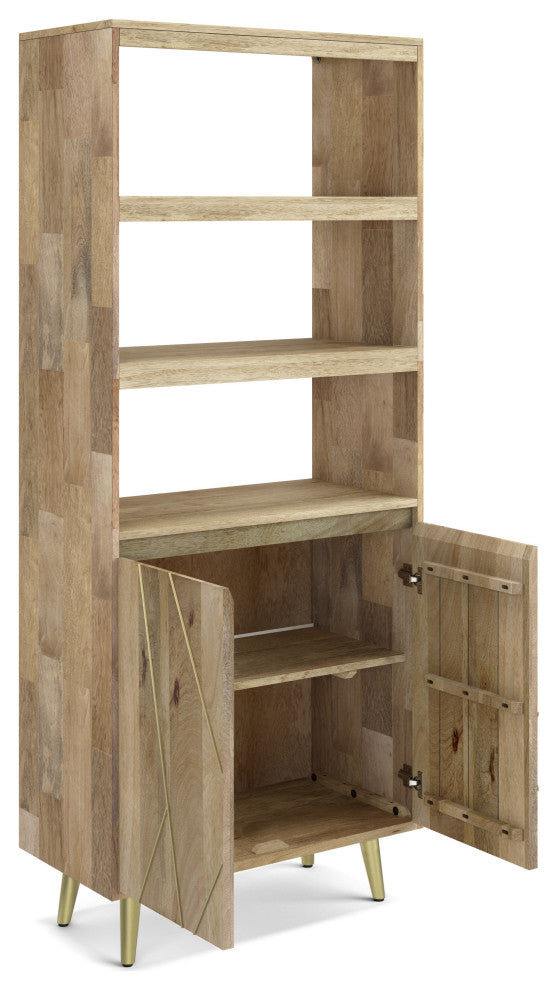 Jager Solid Mango Wood Bookshelf With Doors, Natural