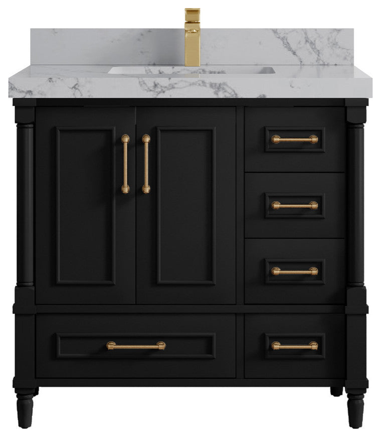Aberdeen 36 Center Sink Bath Vanity in Black 2" Venatino Quartz