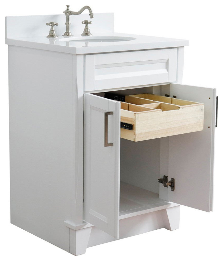 25" Single Sink Vanity, White Finish With Engineered Stone Top And Oval Sink