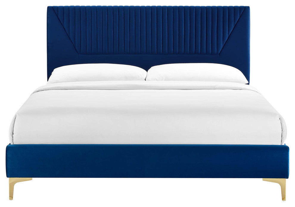 Yasmine Channel Tufted Performance Velvet King Platform Bed, Navy