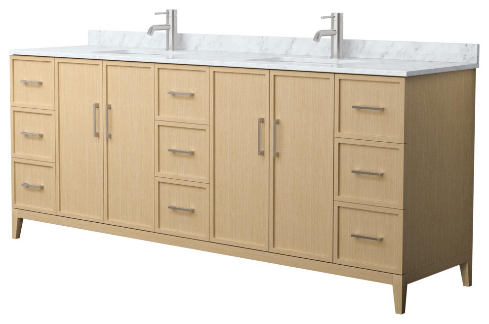 Elan 84" Double Vanity, White Oak, White Carrara Marble Top, Nickel Trim