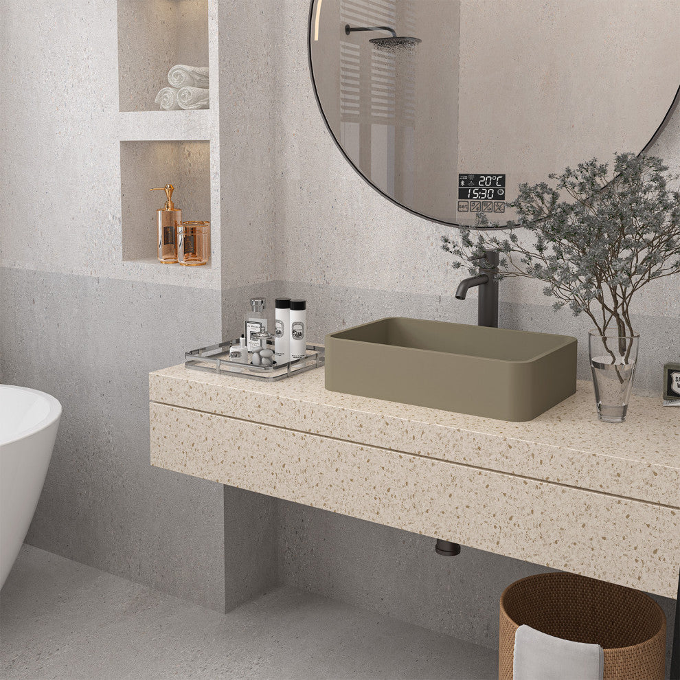 19in Bathroom Concrete Rectangular Vessel Sink with Drainer, Taupe Clay