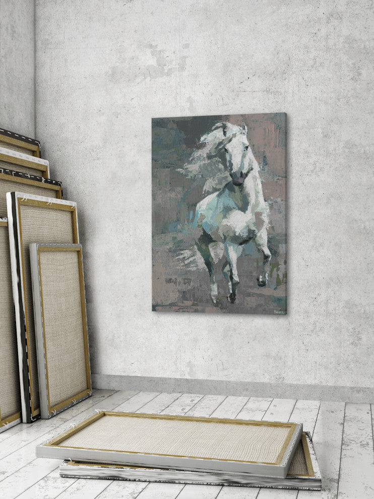 "Running White Horse" Painting Print on Wrapped Canvas, 40"x60"
