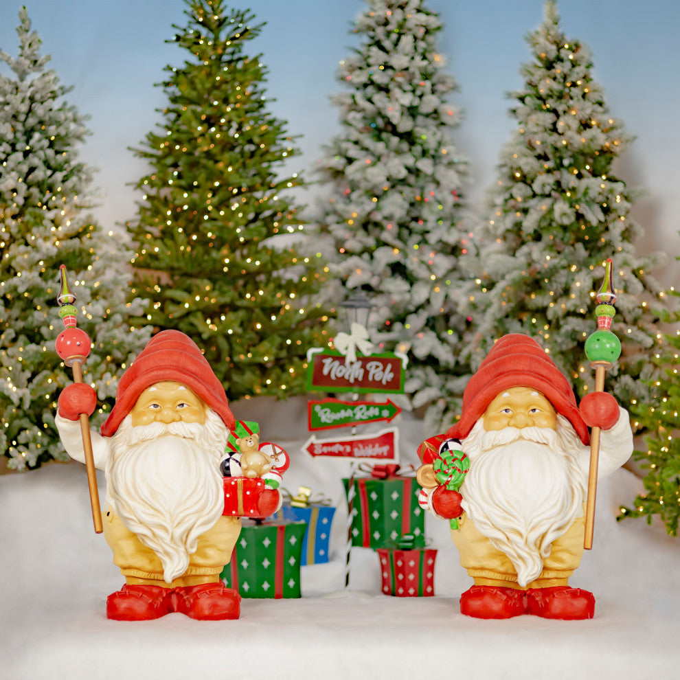 Set of 2 Santa Gnome Statue Holding Gifts